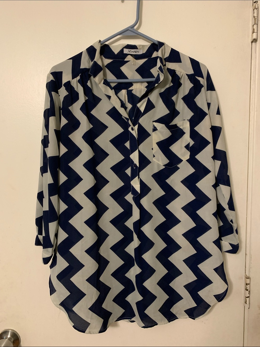 Xtaren Navy and White Chevron Button-Down Blouse